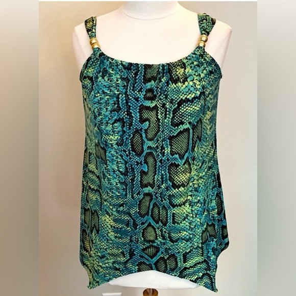 CDW Green Yellow Snakeskin Print Sleeveless Stretch Casual Tank Top Size Medium - Picture 2 of 11